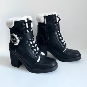 Karl Lagerfeld Paris Faux Fur Dottie Embellished Buckle Black Combat Boots 9.5M